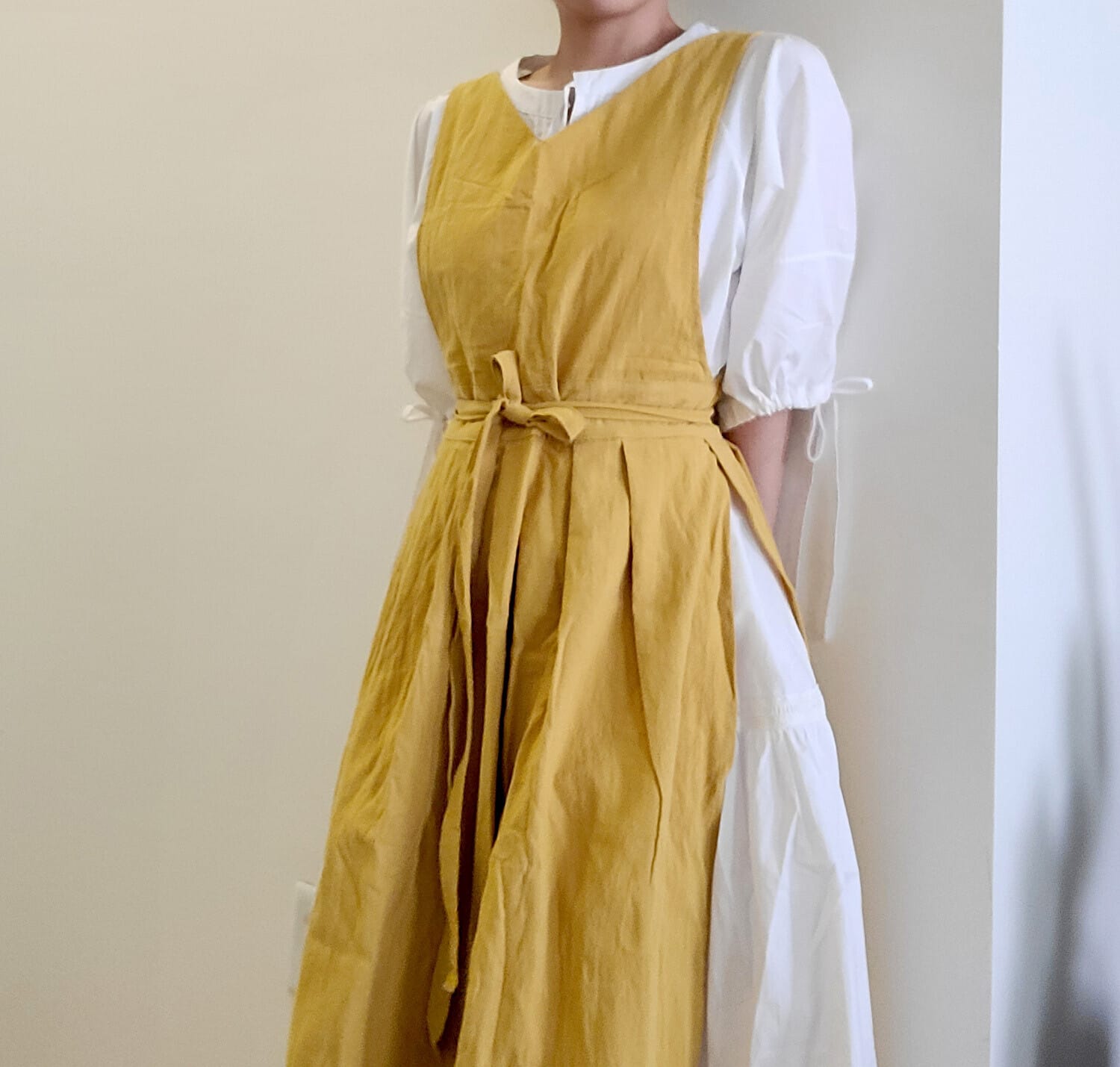 v neck linen apron dress Annie Wear V-Neck Adjustable Strap Denim Overall Dress with Pockets