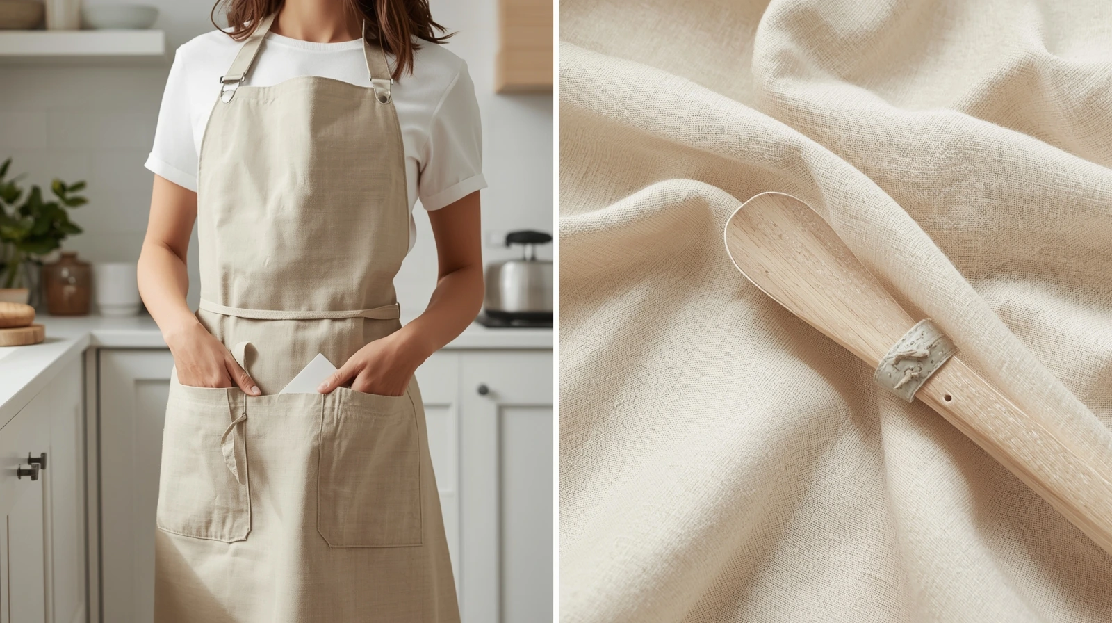 Cotton women’s apron with pockets in kitchen